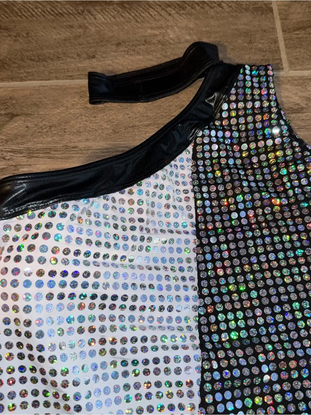 Girls One-Shoulder Sequin Holographic Black & White Dance Costume
